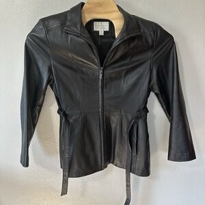 Worthington Genuine‎ Lambskin Leather Jacket Black Women's Large Zip Tie Waist